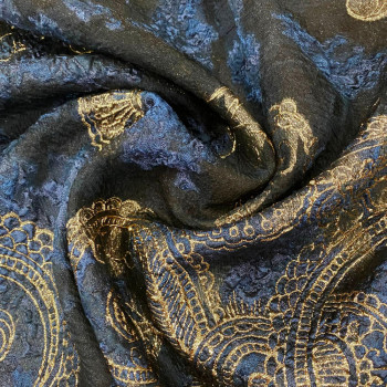 Tissu jacquard de soie organza lamé doré et bleu marine