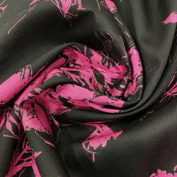 Tissu jacquard de soie floral fil coupé fuchsia sur fond noir