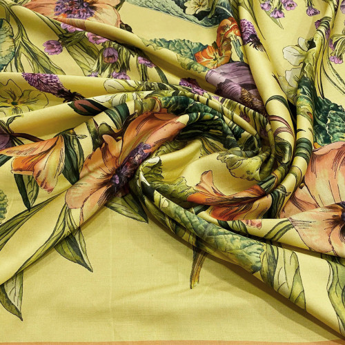 Engraving floral print on yellow 100% viscose satin fabric
