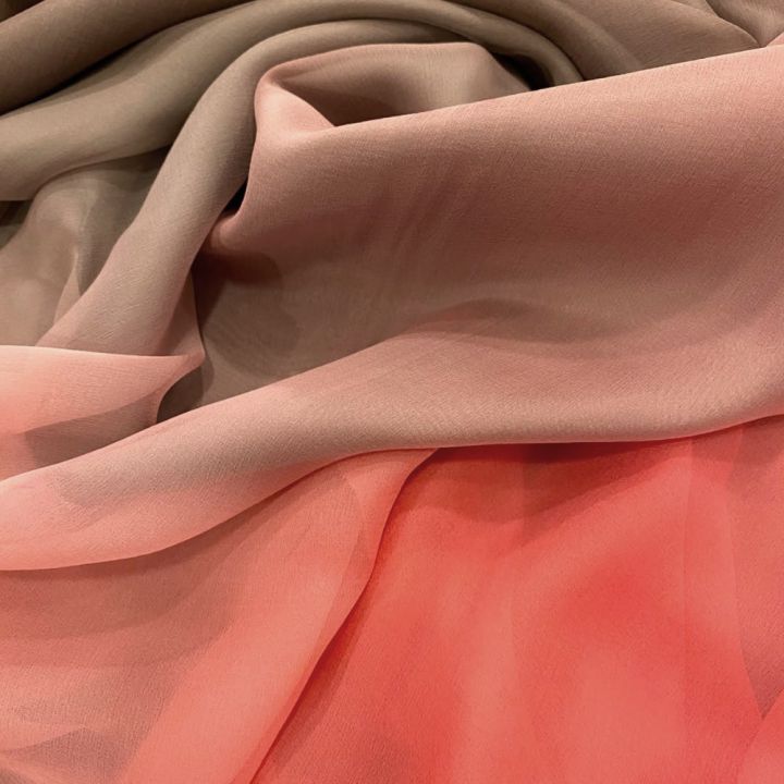 Coral/taupe tie-dye ombre effect 100% silk chiffon fabric