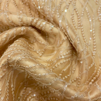Champagne embroidered and sequined tulle fabric