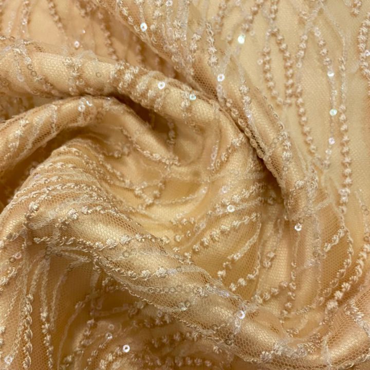 Champagne embroidered and sequined tulle fabric