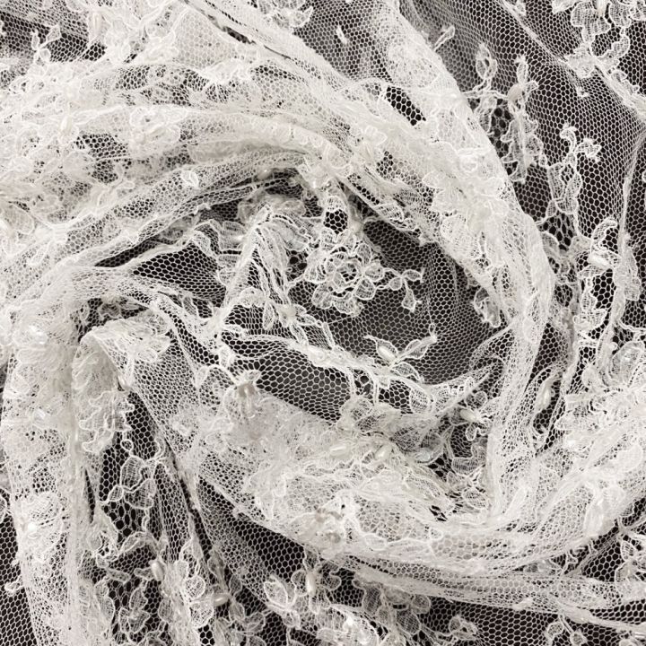White beaded Chantilly Calais lace