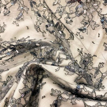 Grey beaded Chantilly Calais lace