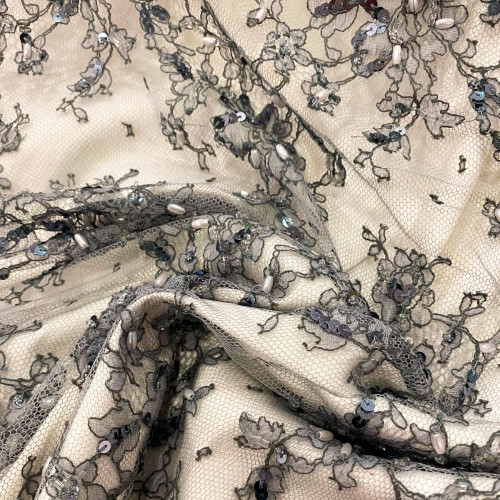 Grey beaded Chantilly Calais lace