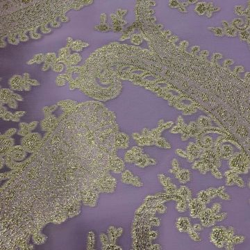 Gold paisley metallic silk jacquard on a lilac chiffon background