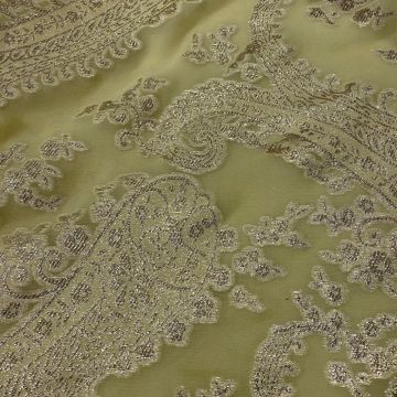 Gold paisley metallic silk jacquard on a straw yellow chiffon background