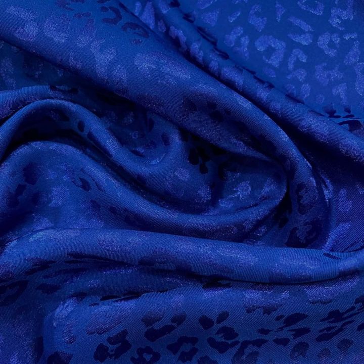 Royal blue tone-on-tone leopard-print jacquard satin fabric