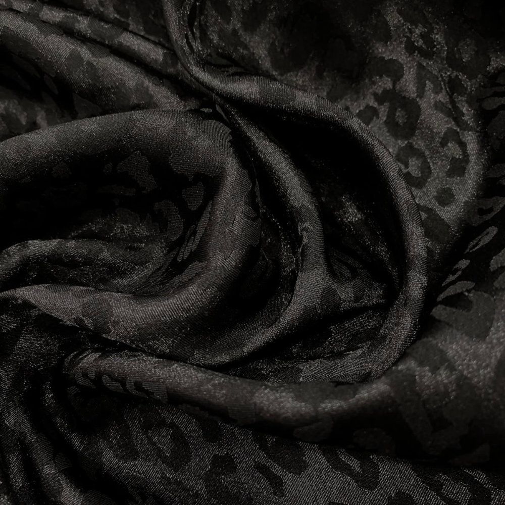 Black tone-on-tone leopard-print jacquard satin fabric