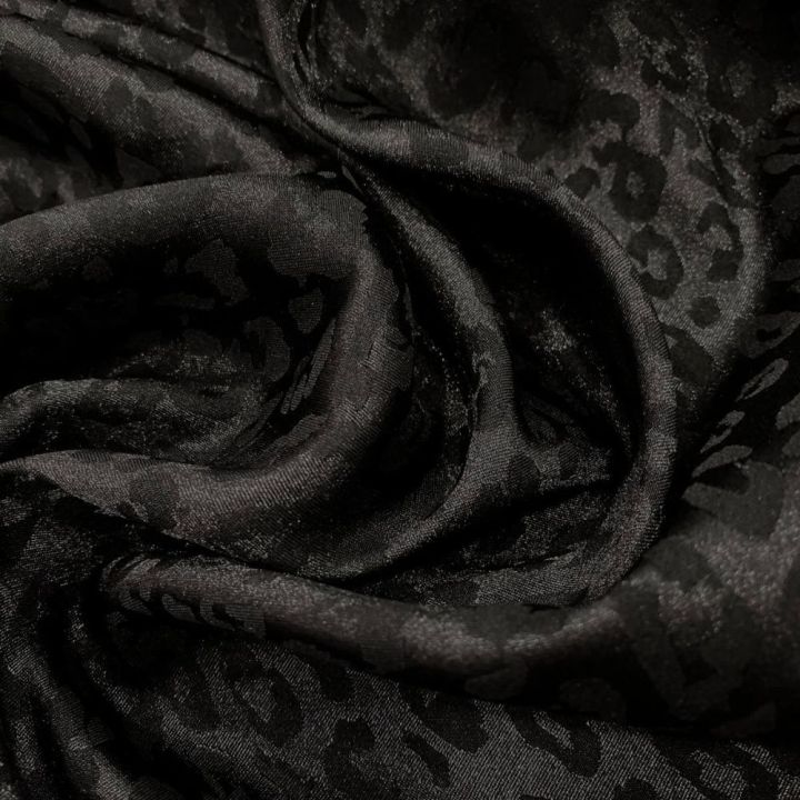 Black tone-on-tone leopard-print jacquard satin fabric
