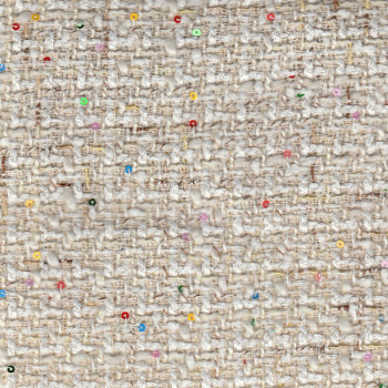 Tissu tissé et irisé effet tweed ivoire paillettes multicolores