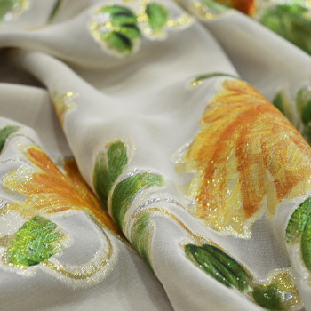 Metallic silk jacquard fabric on hand-painted chiffon background