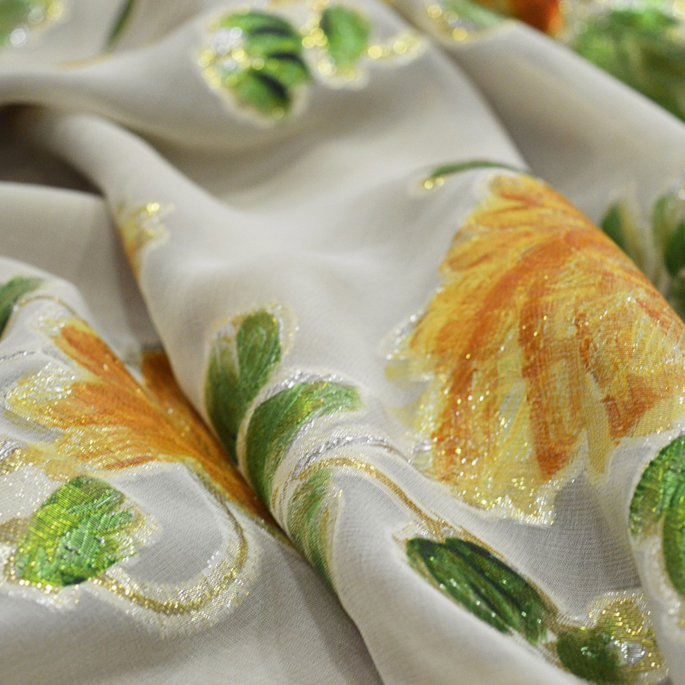 Metallic silk jacquard fabric on handpainted chiffon background