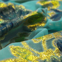 Metal silk jacquard fabric on hand-painted green turquoise chiffon