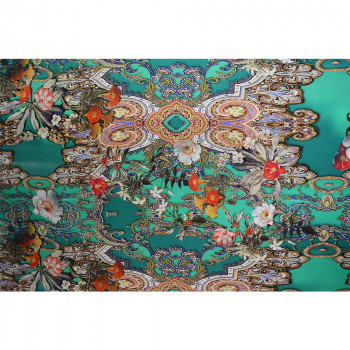 Jade green floral print silk satin fabric