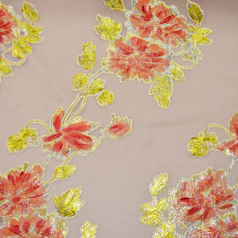 Metallic silk jacquard fabric on hand-painted chiffon background