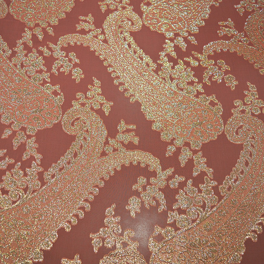 Metallic silk jacquard fabric with coral chiffon background