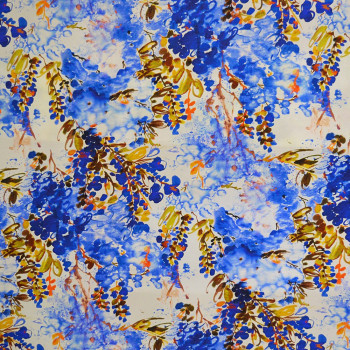 Tissu crêpe de chine imprimé floral abstrait bleu