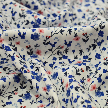 Tissu popeline 100% coton fleurs roses et bleues