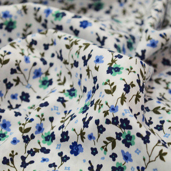 Tissu popeline 100% coton fleurs vertes et bleues
