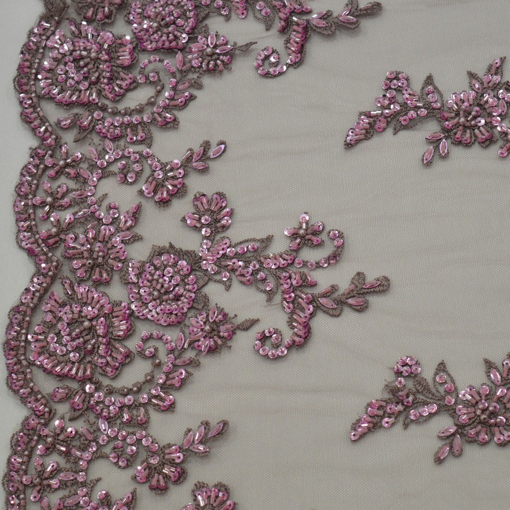 Embroidered tulle fabric pink — Tissus en Ligne