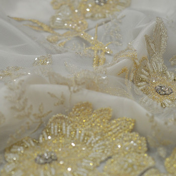 Gold beaded and embroidered tulle fabric