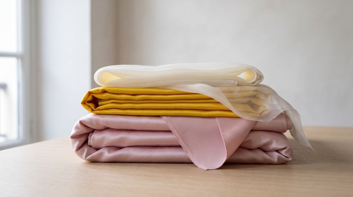 Three silks folded and stacked, from a powdery pink satin-backed crepe (41 momme) to an almost sheer ivory organza (5 momme), with a yellow satin (20 momme) between them
