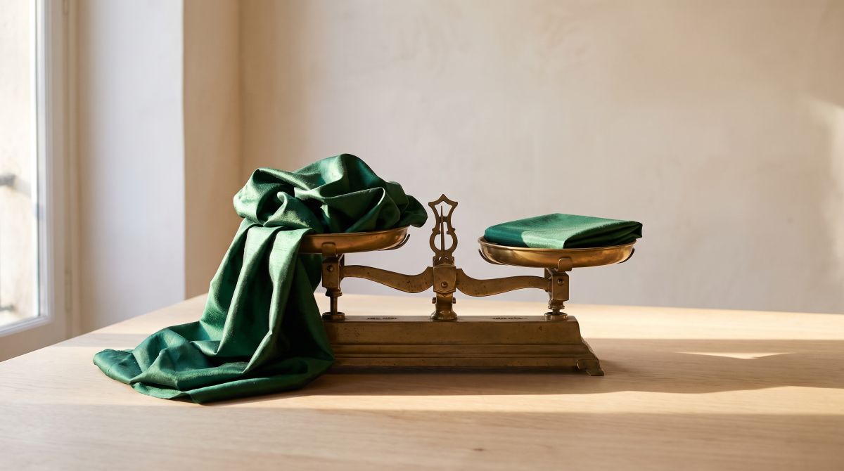 A brass Roberval balance: on one pan, a metre of pine green silk dupion spilling down to the table; on the other, a square metre of the same fabric, folded