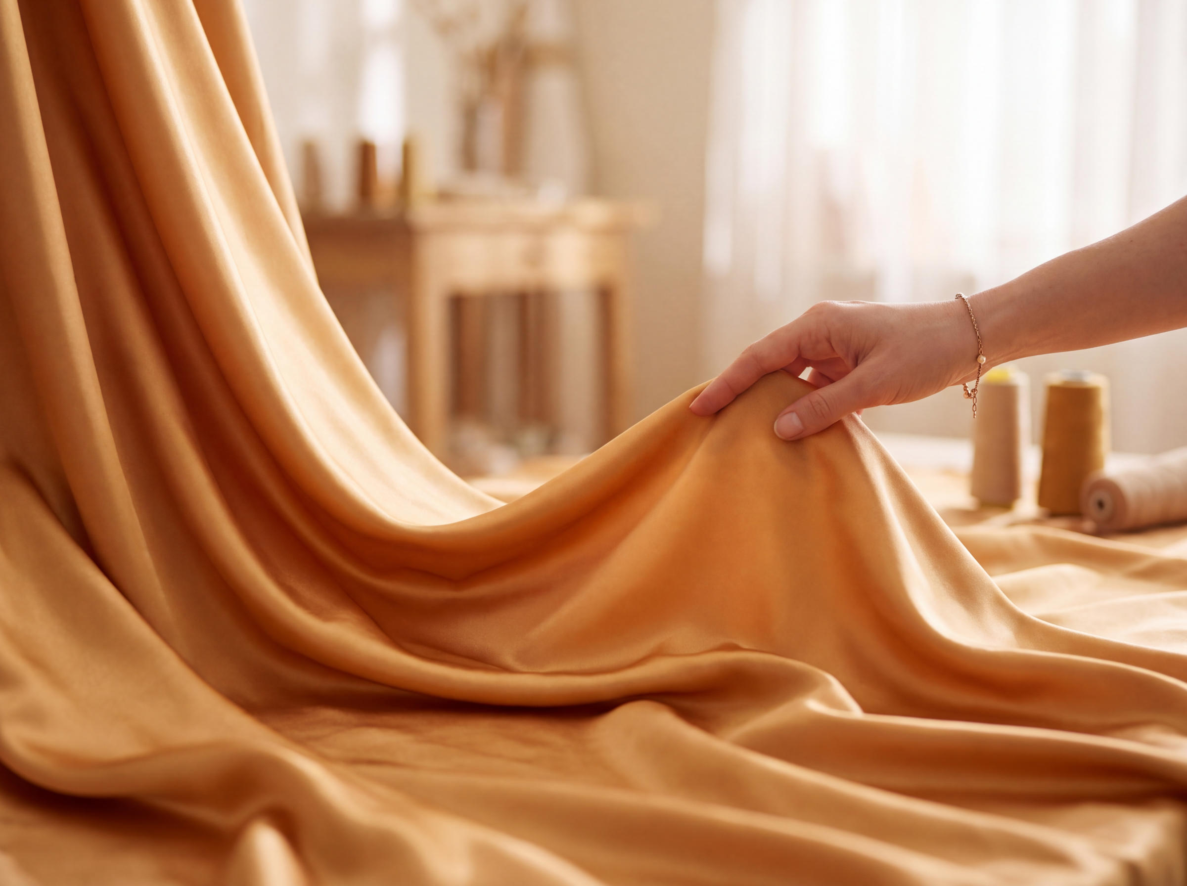 Sélection et découpe de tissus de haute qualité au mètre dans un atelier